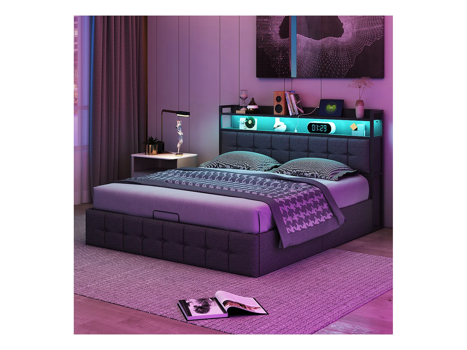 Letto contenitore 160x200 cm in tessuto grigio con rete a doghe, testiera con luce LED, presa EU integrata, design moderno e pratico