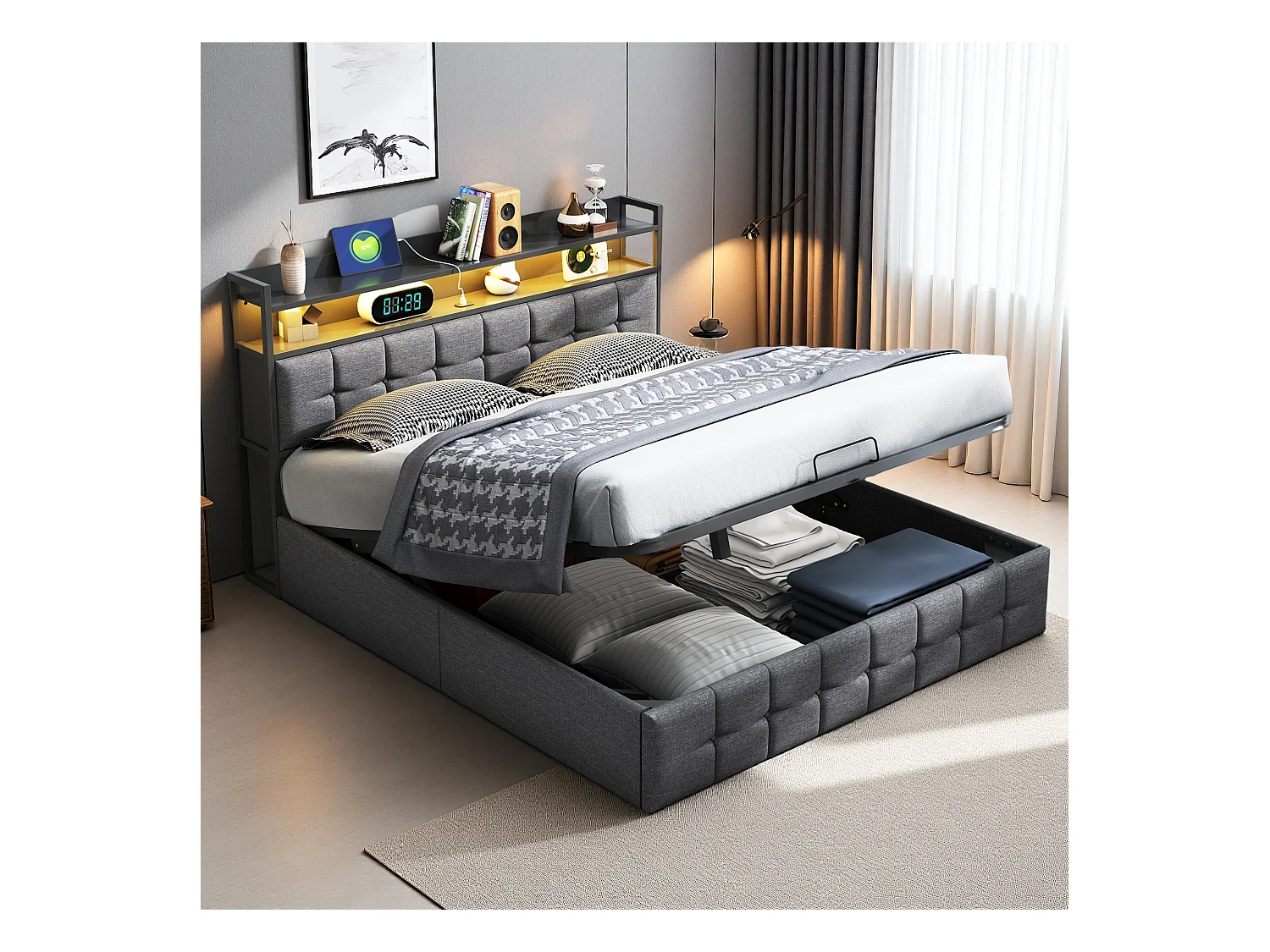 Letto contenitore 160x200 cm in tessuto grigio con rete a doghe, testiera con luce LED, presa EU integrata, design moderno e pratico