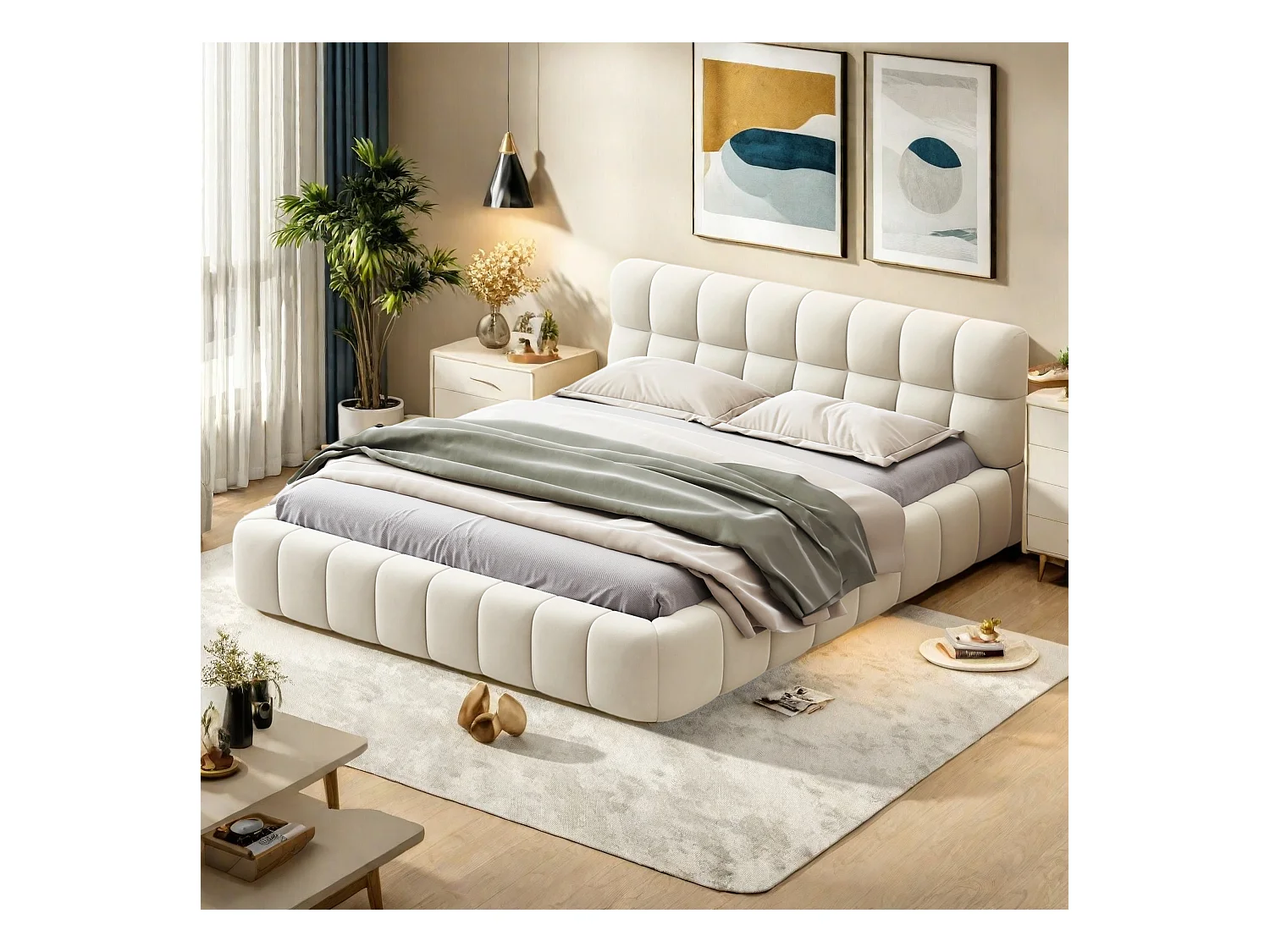 Gestoffeerd bed 140 x 200 cm, jeugdbed, tweepersoonsbed met zachte rugleuning en gewatteerde rand, beige linnen lattenbodem (matras niet inbegrepen)