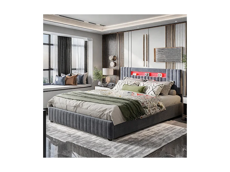 Lit double 140x200cm en velours gris avec coffre de rangement hydraulique, tête de lit LED 7 couleurs, télécommande & contrôle via smartphone