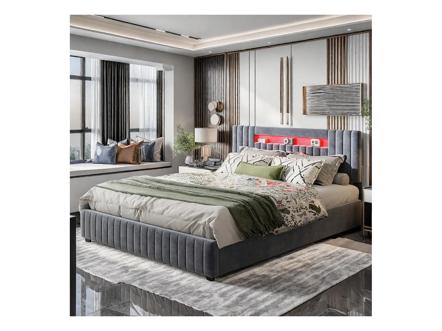 Lit double 140x200cm en velours gris avec coffre de rangement hydraulique, tête de lit LED 7 couleurs, télécommande & contrôle via smartphone