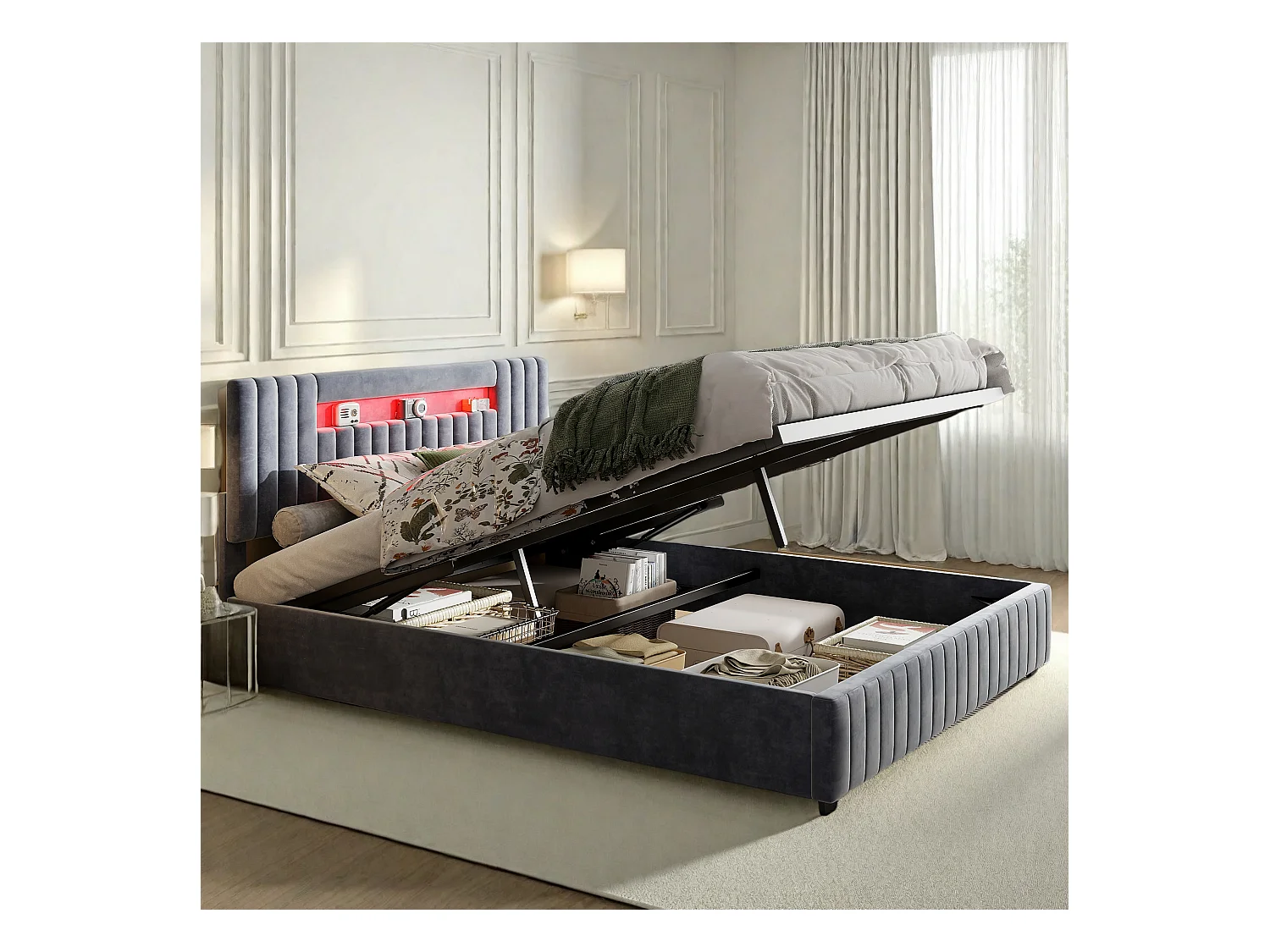 Lit double 140x200cm en velours gris avec coffre de rangement hydraulique, tête de lit LED 7 couleurs, télécommande & contrôle via smartphone