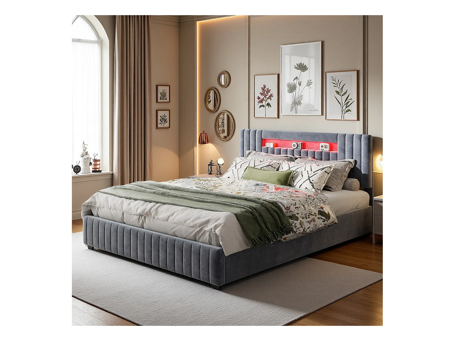 Lit double 140x200cm en velours gris avec coffre de rangement hydraulique, tête de lit LED 7 couleurs, télécommande & contrôle via smartphone