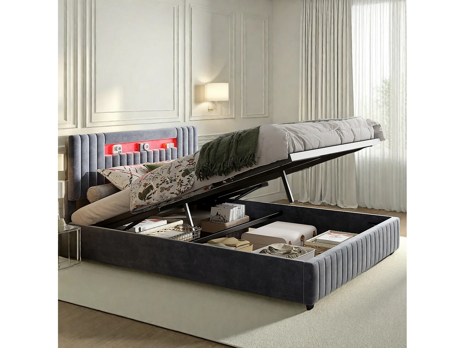 Lit double 140x200cm en velours gris avec coffre de rangement hydraulique, tête de lit LED 7 couleurs, télécommande & contrôle via smartphone