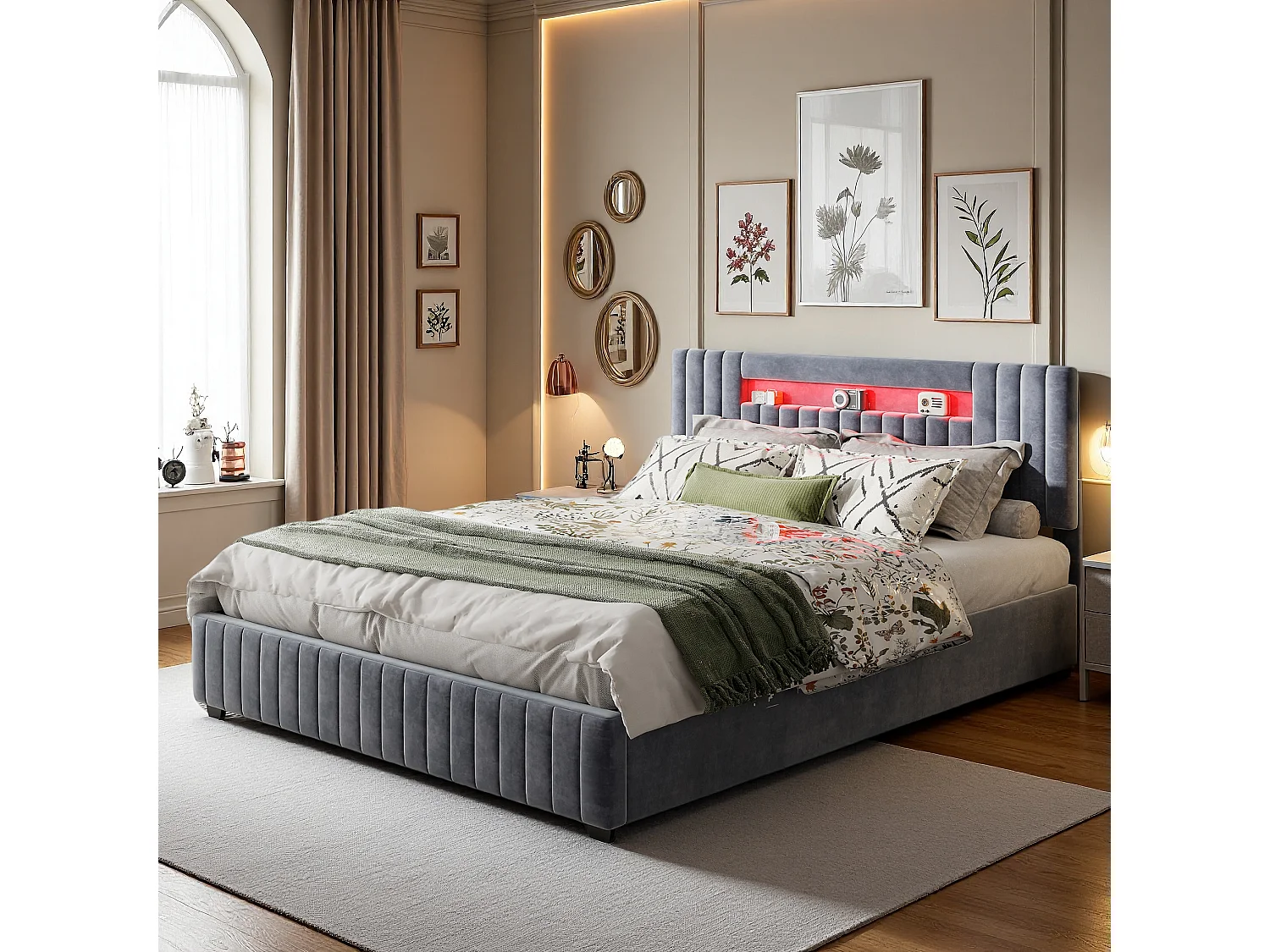 Lit double 140x200cm en velours gris avec coffre de rangement hydraulique, tête de lit LED 7 couleurs, télécommande & contrôle via smartphone