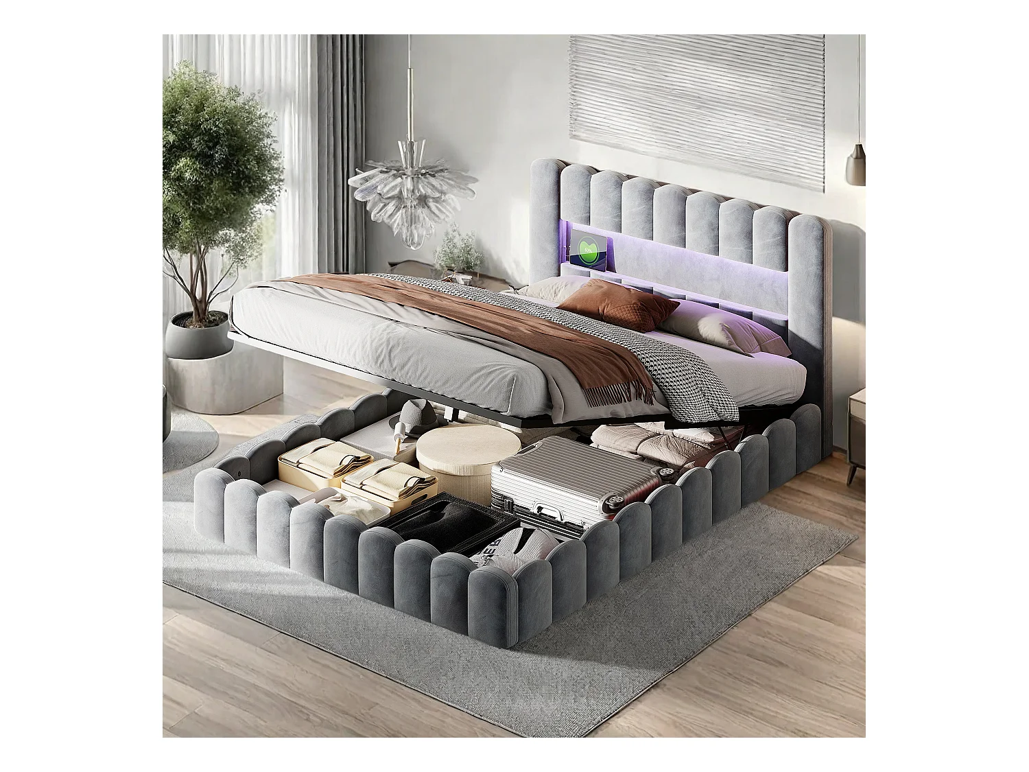 Struttura letto matrimoniale 180 x 200 cm, grigio chiaro, con vano contenitore, luci LED, testiera e stazione di ricarica