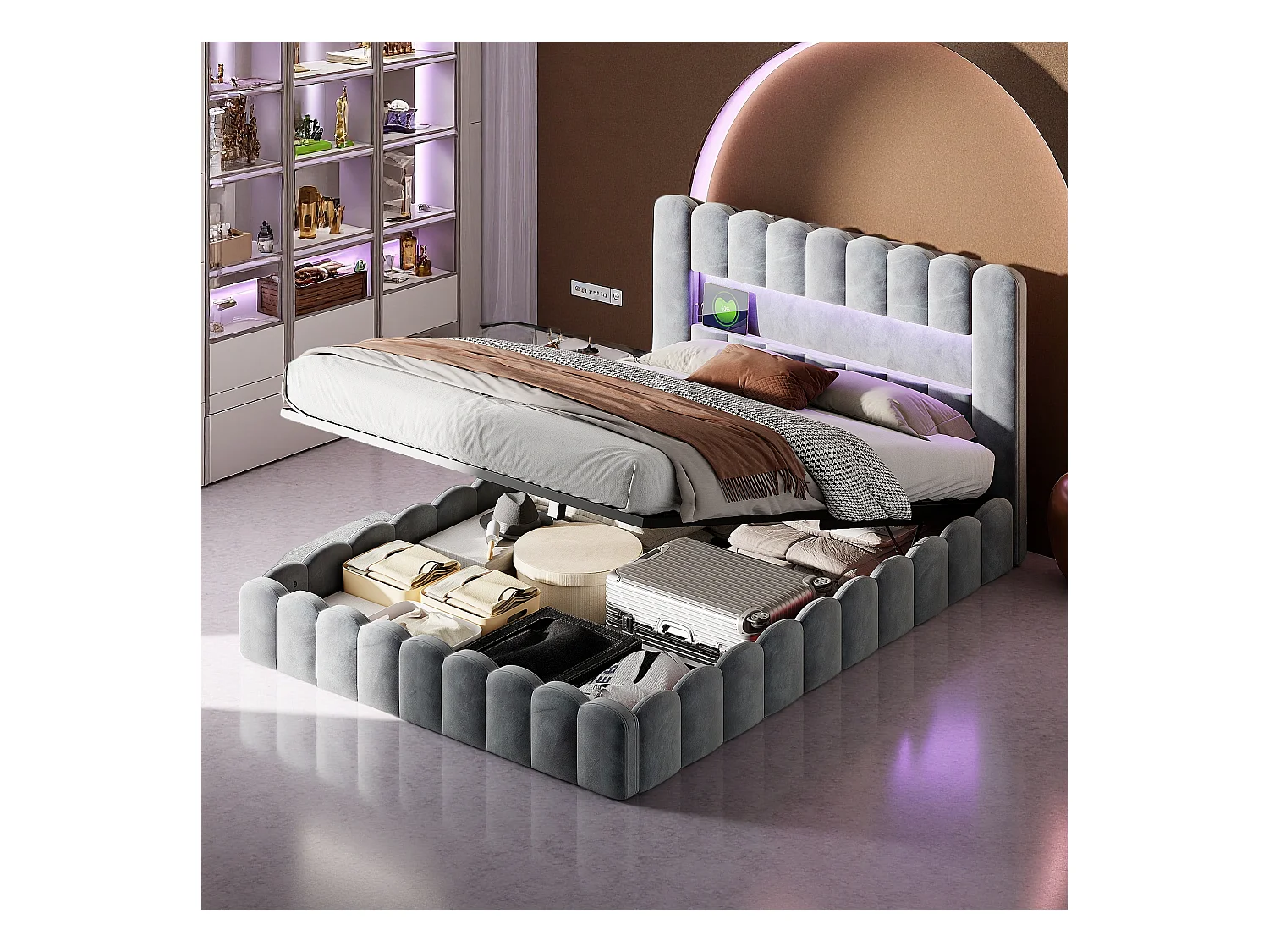 Struttura letto matrimoniale 180 x 200 cm, grigio chiaro, con vano contenitore, luci LED, testiera e stazione di ricarica