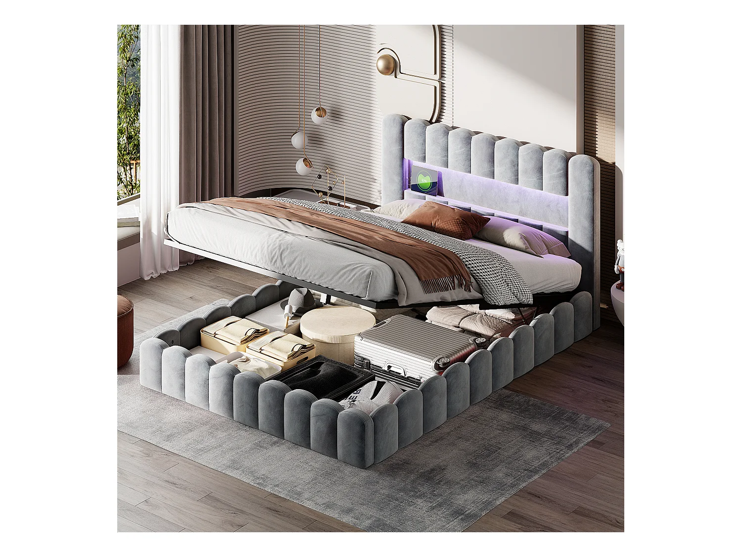 Struttura letto matrimoniale 180 x 200 cm, grigio chiaro, con vano contenitore, luci LED, testiera e stazione di ricarica