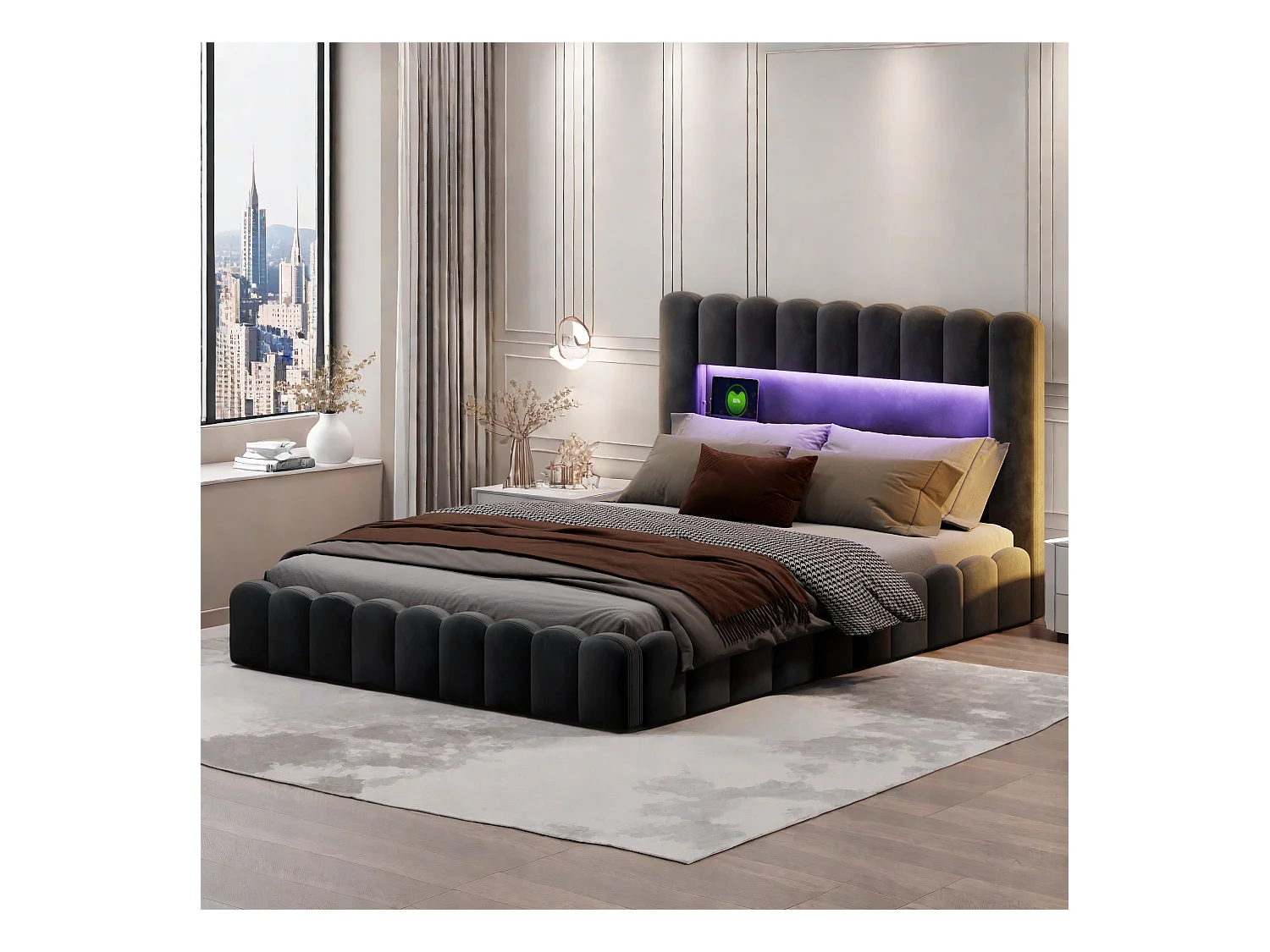 Struttura letto matrimoniale 180 x 200 cm, grigio chiaro, con vano contenitore, luci LED, testiera e stazione di ricarica