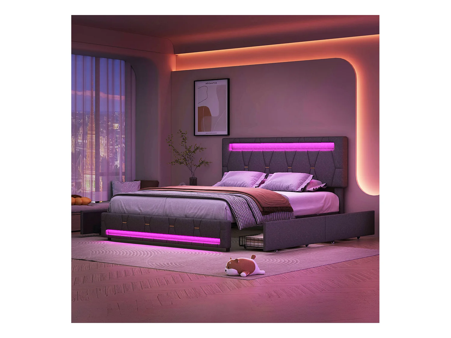 Letto contenitore grigio 160x200 cm con LED RGB, 4 cassetti, tessuto in lino, testiera regolabile, luce controllabile tramite telecomando e app