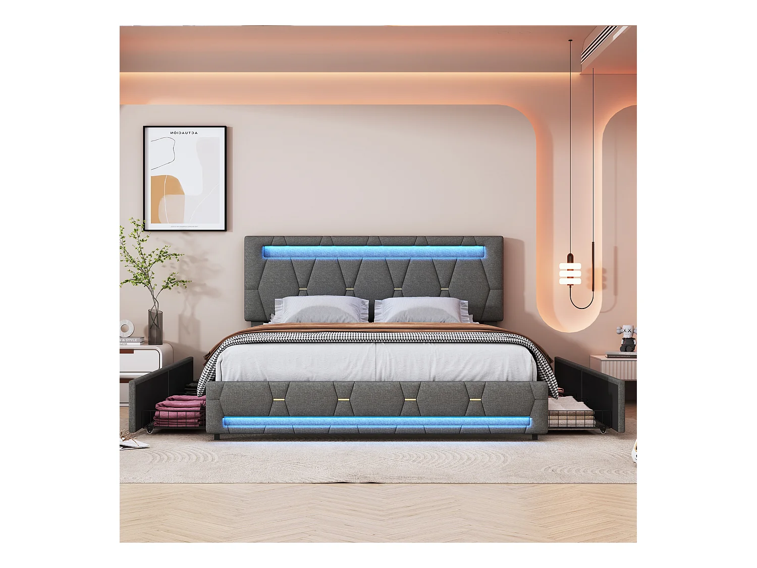 Letto contenitore grigio 160x200 cm con LED RGB, 4 cassetti, tessuto in lino, testiera regolabile, luce controllabile tramite telecomando e app