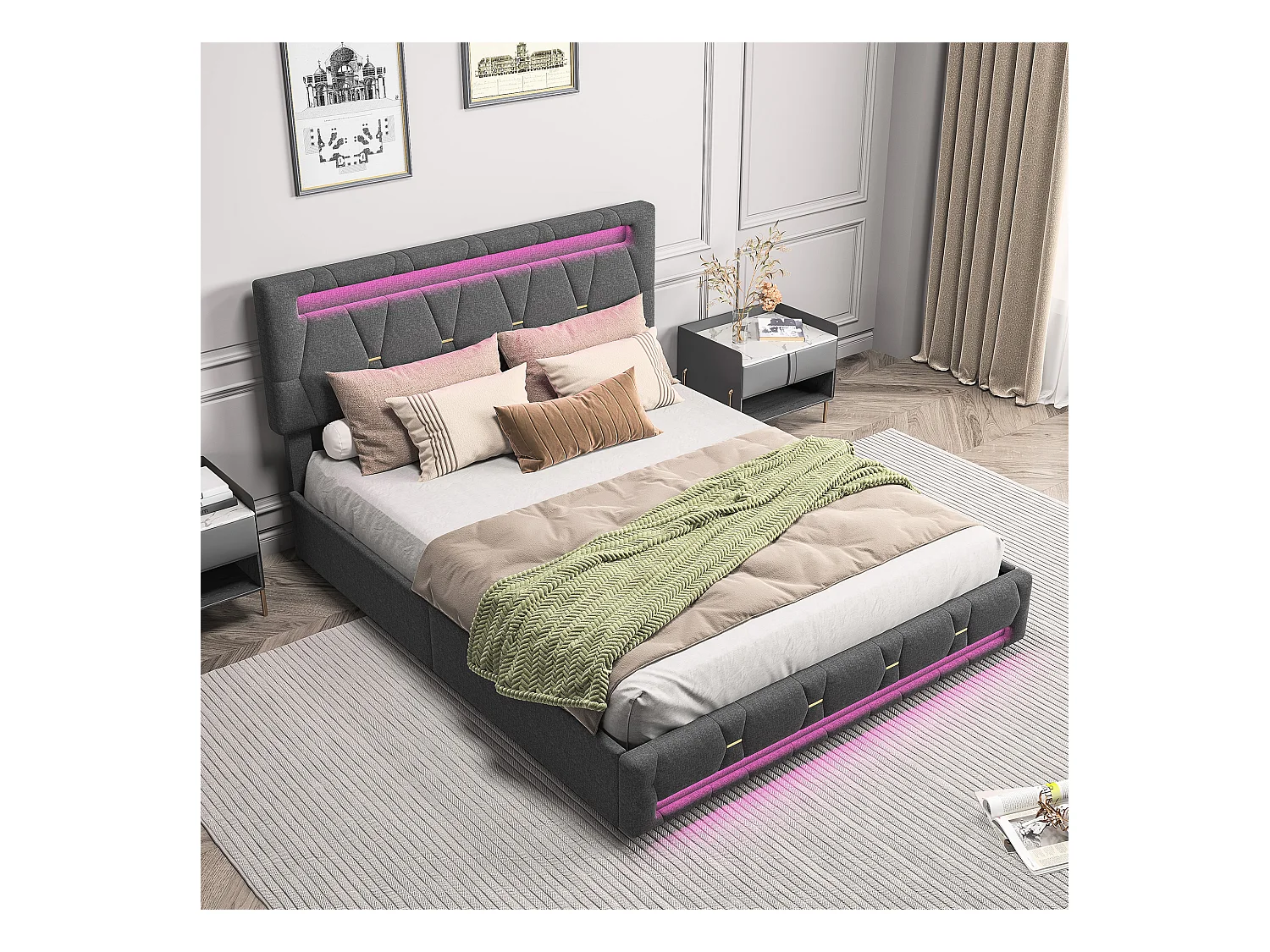 Letto contenitore grigio 160x200 cm con LED RGB, 4 cassetti, tessuto in lino, testiera regolabile, luce controllabile tramite telecomando e app