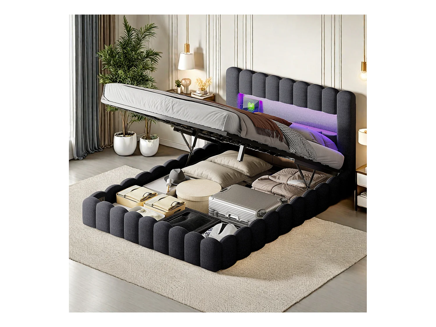 Cadre de lit double 140 x 200 cm, Gris avec espace de rangement,Tissu en lin, lumières LED, tête de lit et station de charge, sommier à lattes