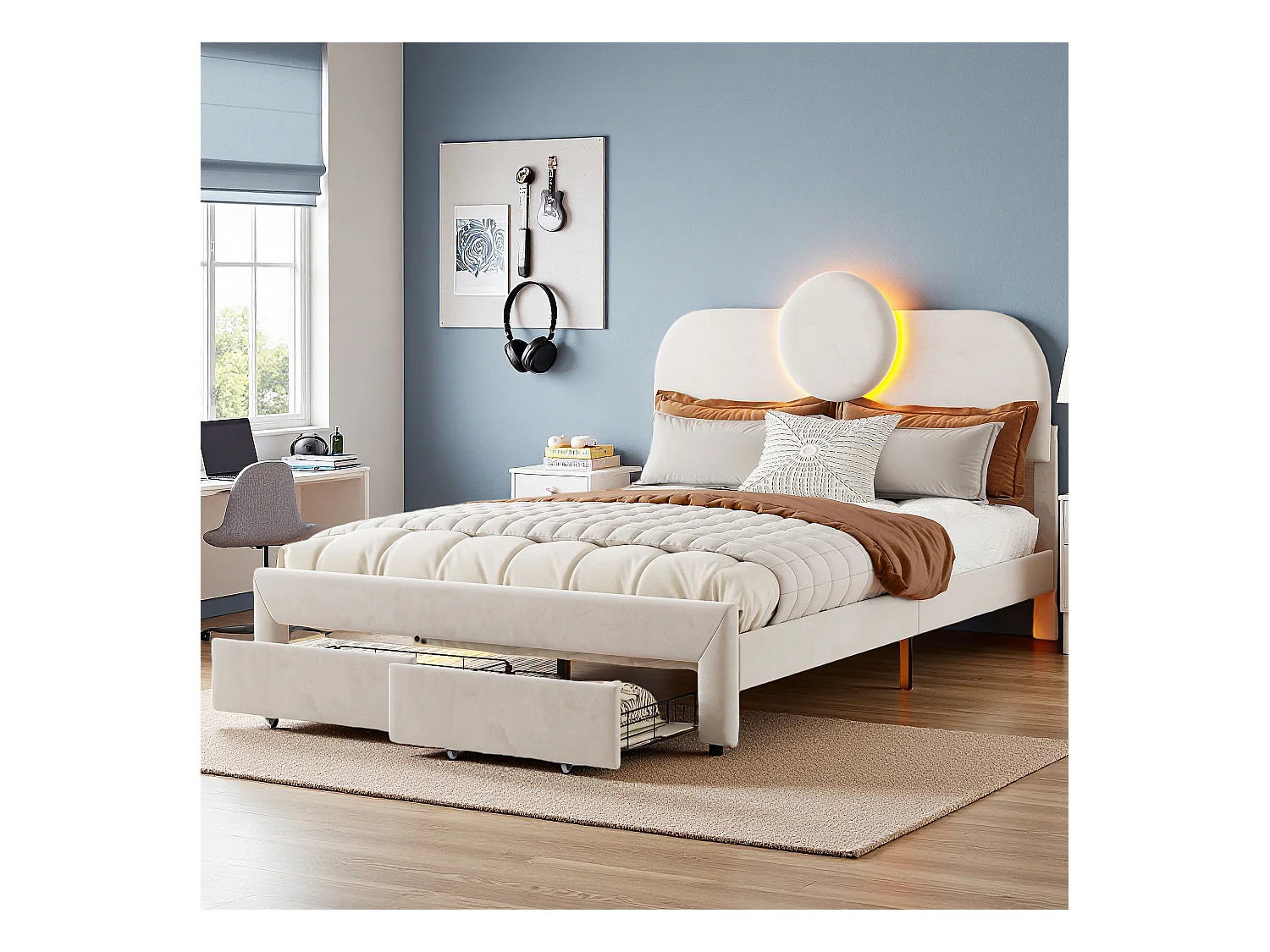 Letto contenitore 140x200 cm in velluto beige, 2 cassetti ai piedi, strisce LED sui lati, testiera illuminata, design moderno