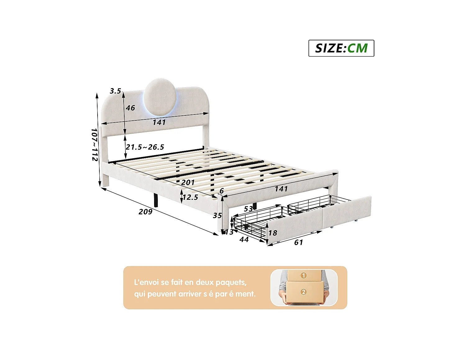 Letto contenitore 140x200 cm in velluto beige, 2 cassetti ai piedi, strisce LED sui lati, testiera illuminata, design moderno