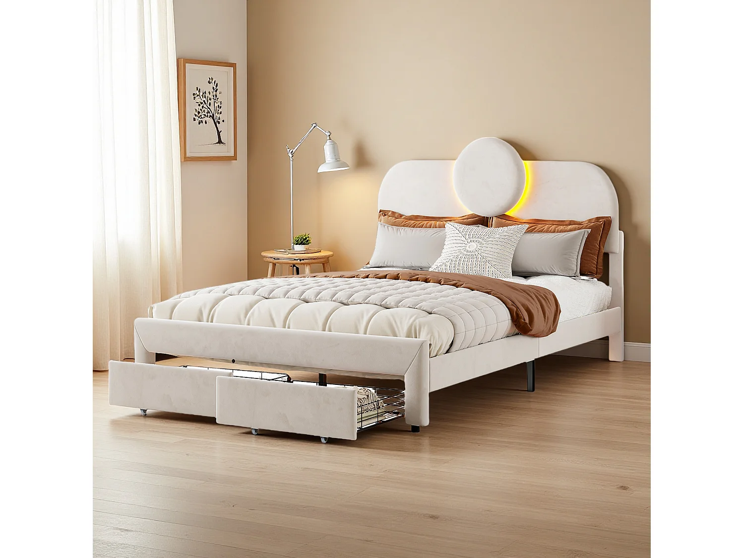 Cama box 140x200 cm em veludo bege, 2 gavetas nos pés, faixas de LED nas laterais, cabeceira iluminada, design moderno