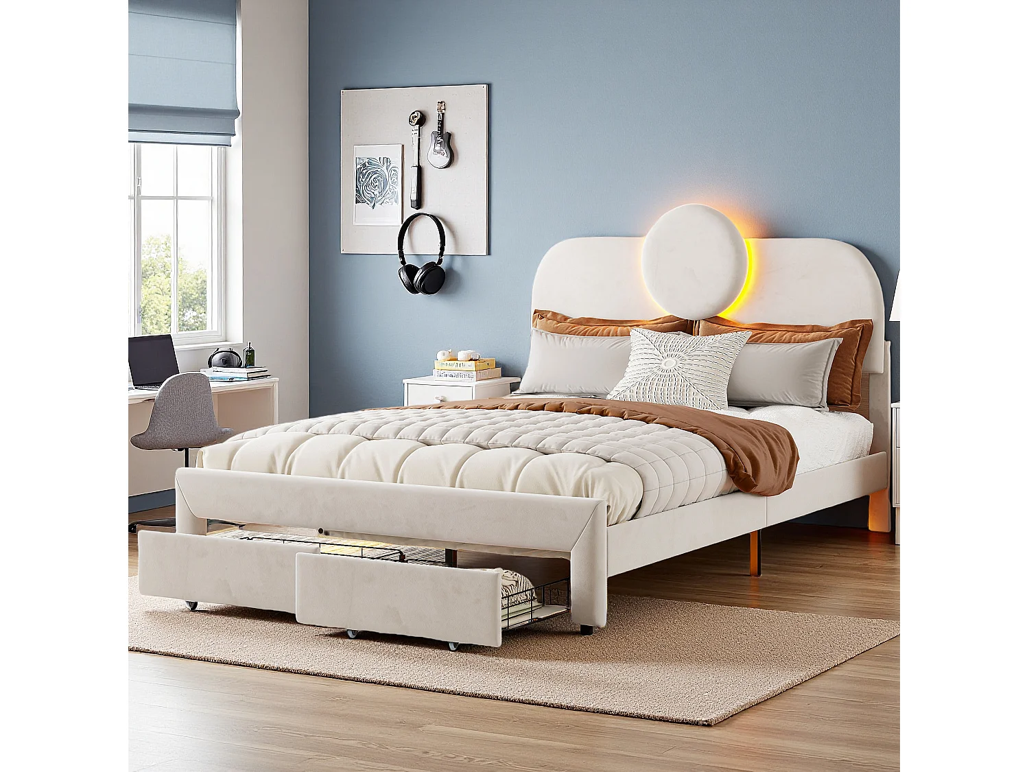 Cama box 140x200 cm em veludo bege, 2 gavetas nos pés, faixas de LED nas laterais, cabeceira iluminada, design moderno