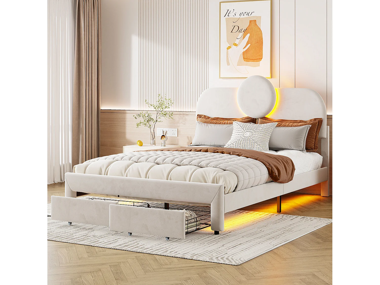 Cama box 140x200 cm em veludo bege, 2 gavetas nos pés, faixas de LED nas laterais, cabeceira iluminada, design moderno