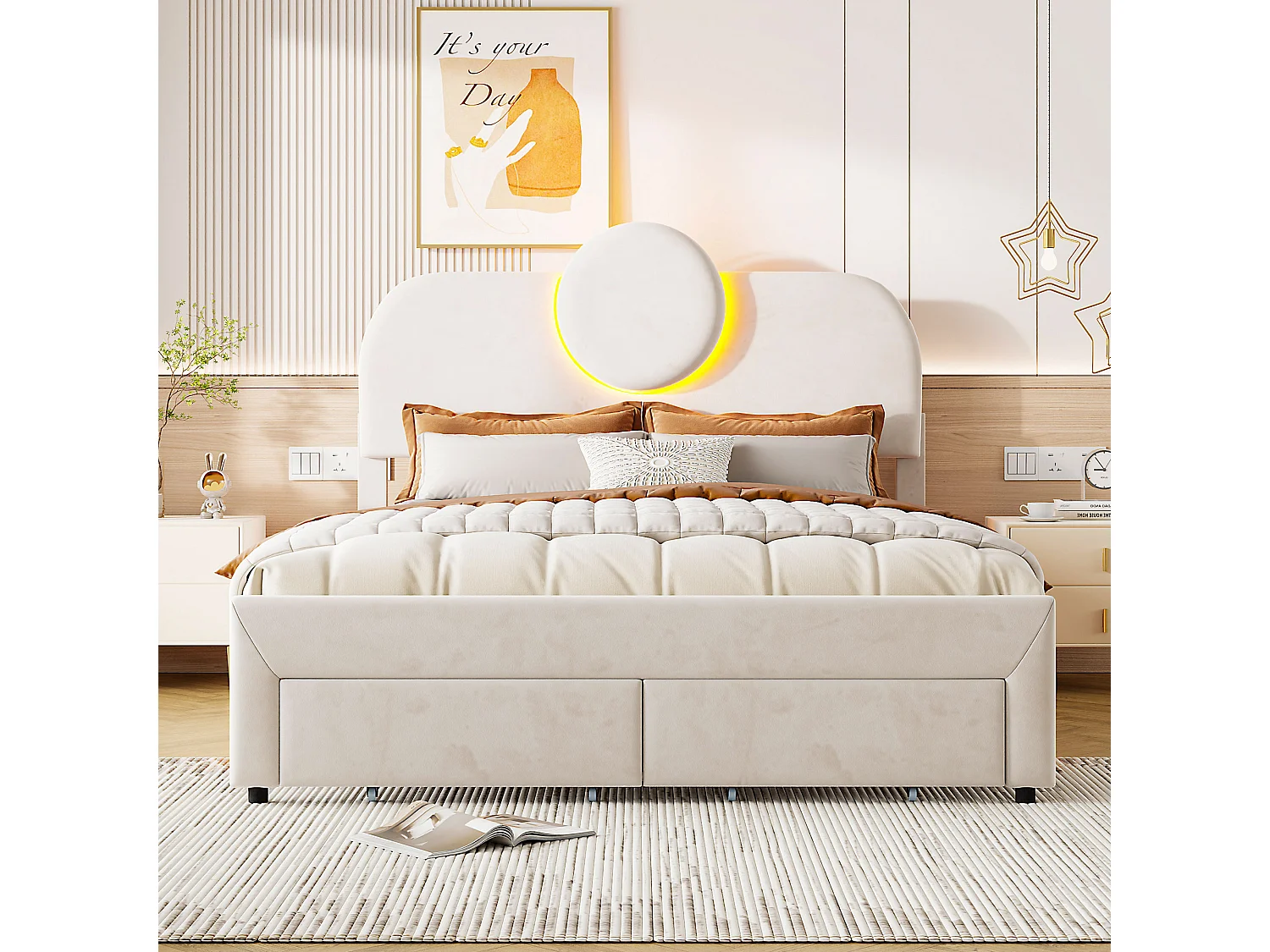 Cama box 140x200 cm em veludo bege, 2 gavetas nos pés, faixas de LED nas laterais, cabeceira iluminada, design moderno