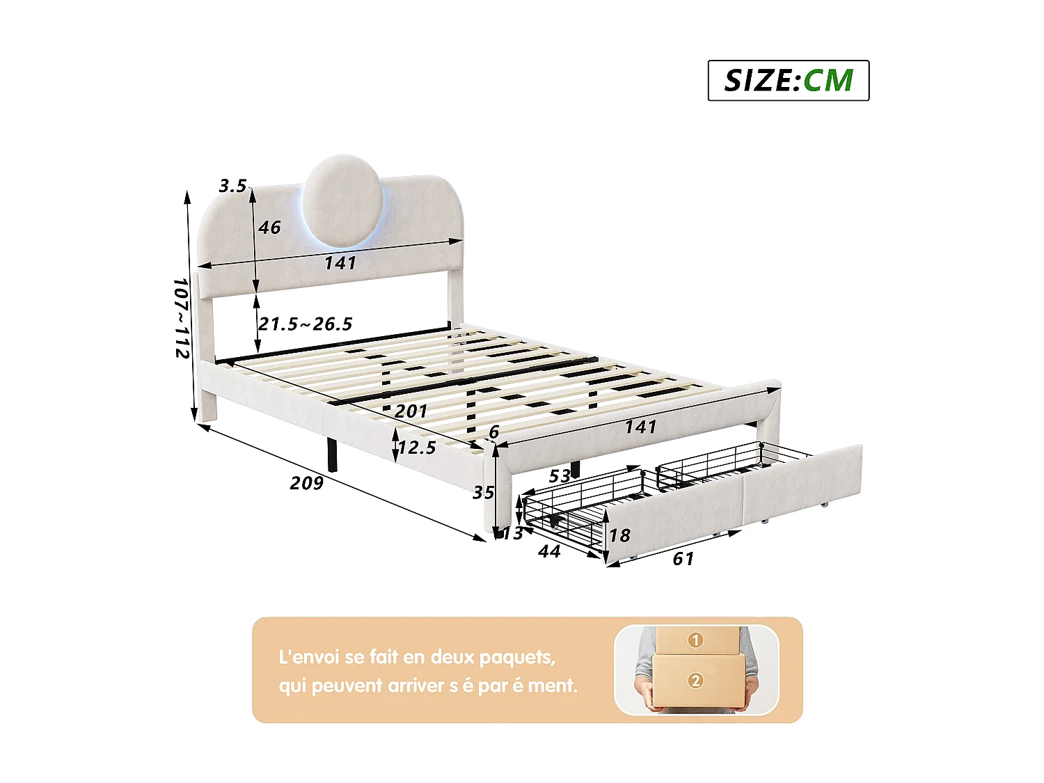 Cama box 140x200 cm em veludo bege, 2 gavetas nos pés, faixas de LED nas laterais, cabeceira iluminada, design moderno