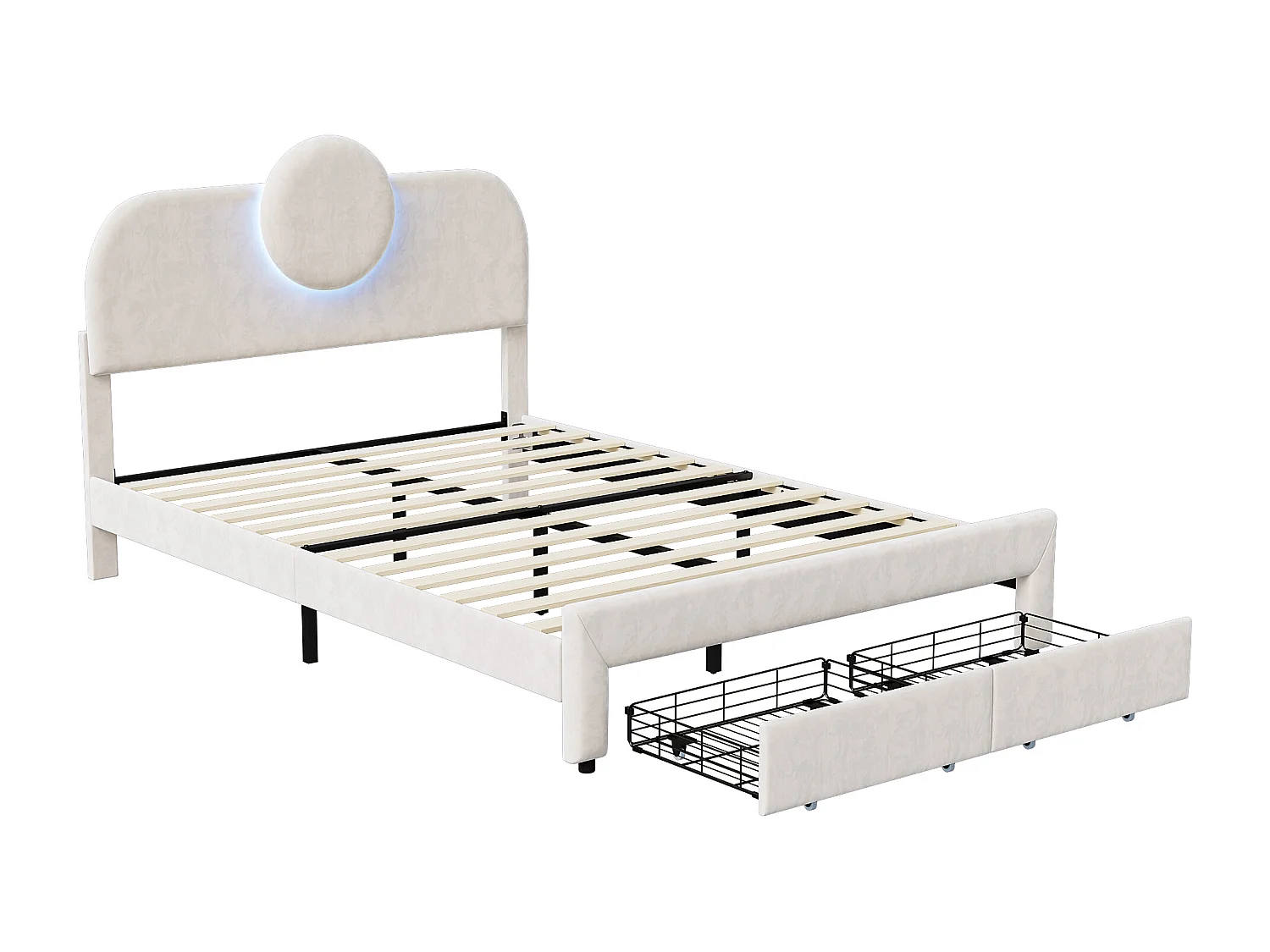 Cama box 140x200 cm em veludo bege, 2 gavetas nos pés, faixas de LED nas laterais, cabeceira iluminada, design moderno
