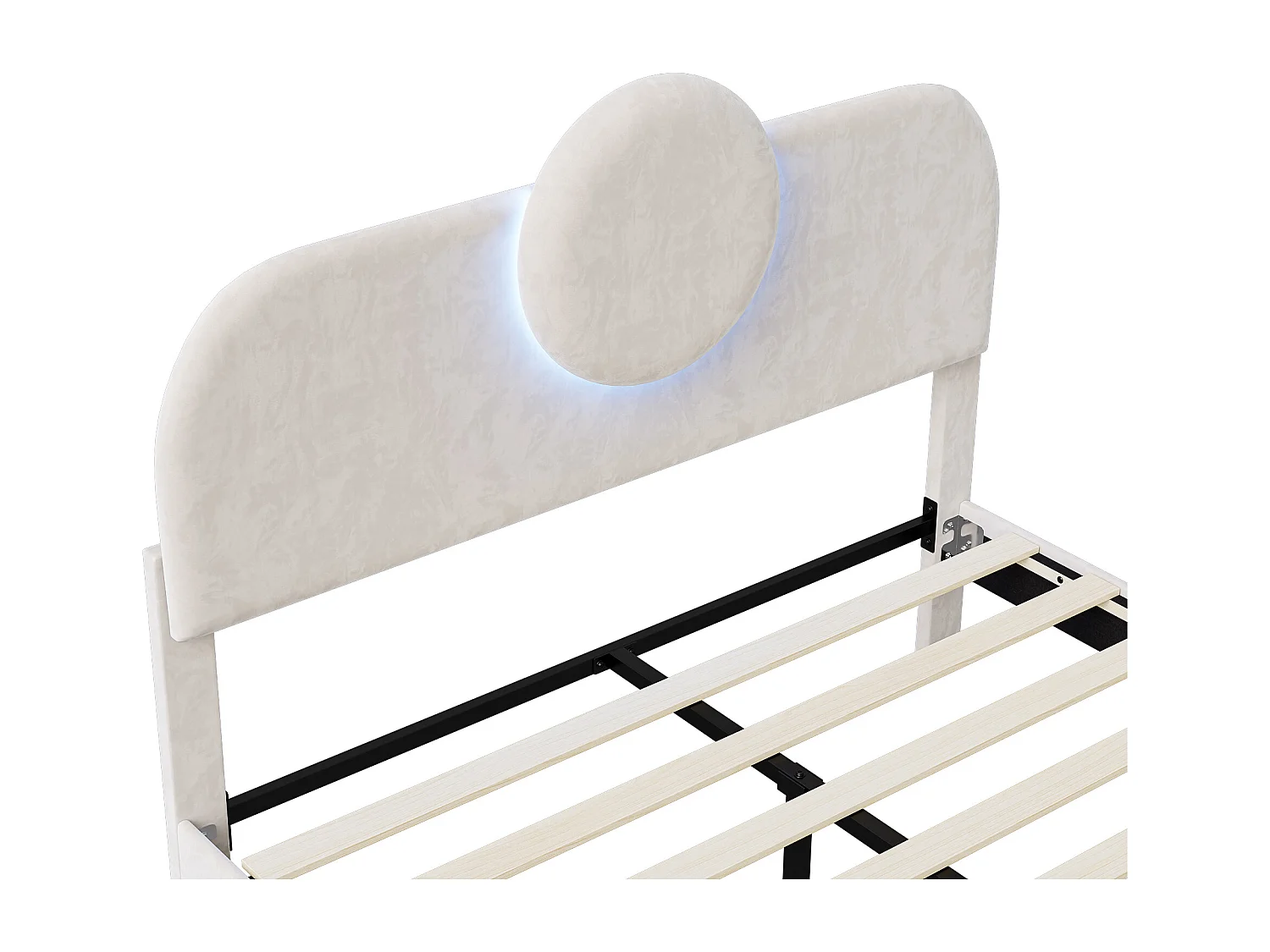 Cama box 140x200 cm em veludo bege, 2 gavetas nos pés, faixas de LED nas laterais, cabeceira iluminada, design moderno