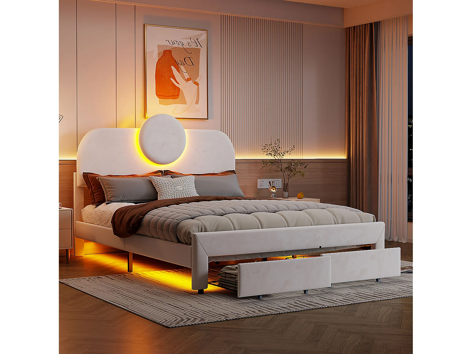 Cama box 140x200 cm em veludo bege, 2 gavetas nos pés, faixas de LED nas laterais, cabeceira iluminada, design moderno