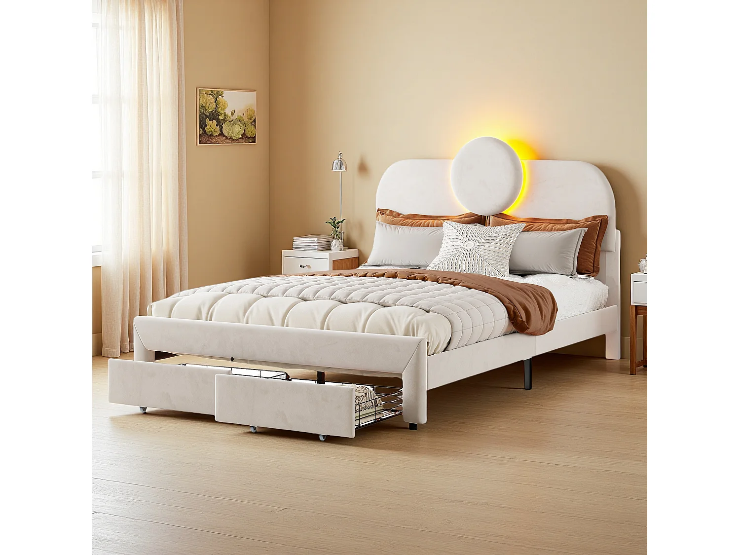 Cama box 140x200 cm em veludo bege, 2 gavetas nos pés, faixas de LED nas laterais, cabeceira iluminada, design moderno