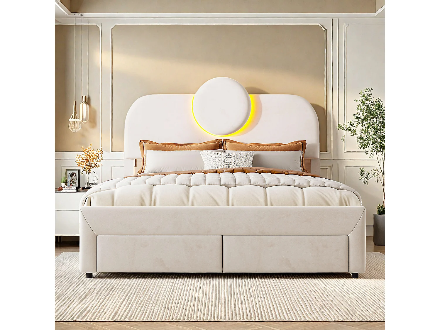 Cama box 140x200 cm em veludo bege, 2 gavetas nos pés, faixas de LED nas laterais, cabeceira iluminada, design moderno