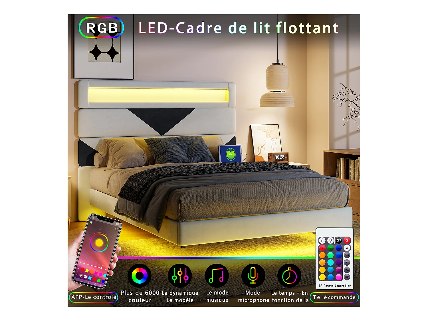 Lit Flottant 140 x 190 cm avec éclairage LED et 2 Ports USB, Cadre de LIt avec Sommier à Lattes, Lits 2 Personnes avec tête de lit, Beige+Noir