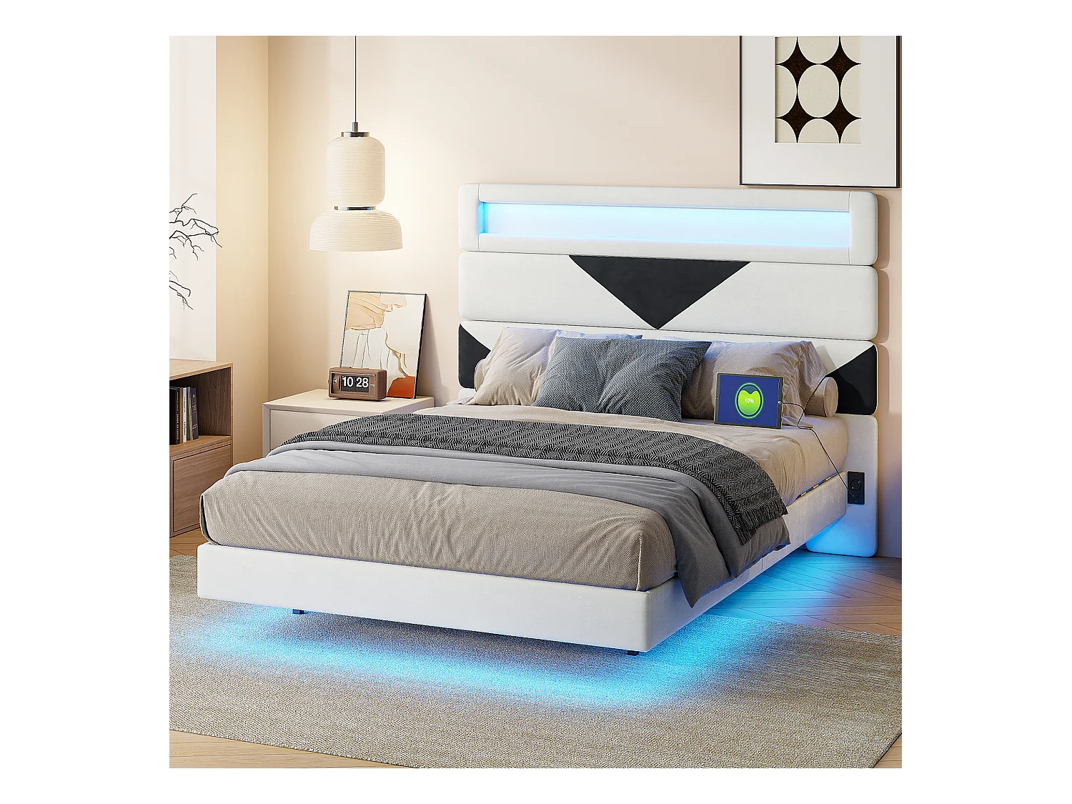 Lit Flottant 140 x 190 cm avec éclairage LED et 2 Ports USB, Cadre de LIt avec Sommier à Lattes, Lits 2 Personnes avec tête de lit, Beige+Noir