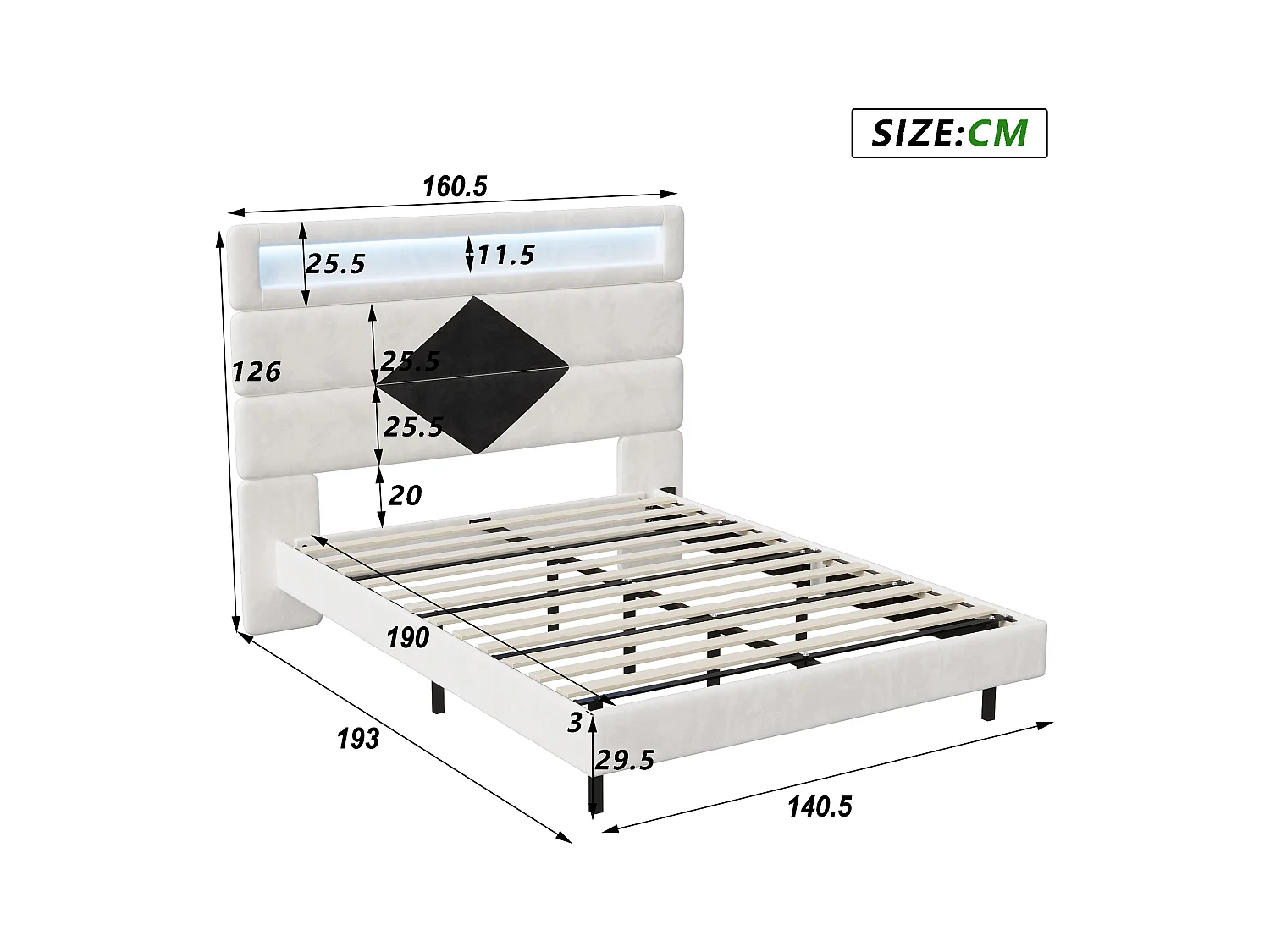 Letto sospeso 140 x 190 cm con illuminazione a LED e 2 porte USB, Struttura letto con rete a doghe, Letti matrimoniali con testiera, Beige+Nero