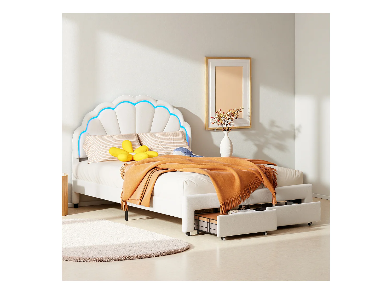 Letto imbottito per bambini 140 x 200 con illuminazione a LED e 2 cassetti, testiera a conchiglia a forma di fiore, rete a doghe