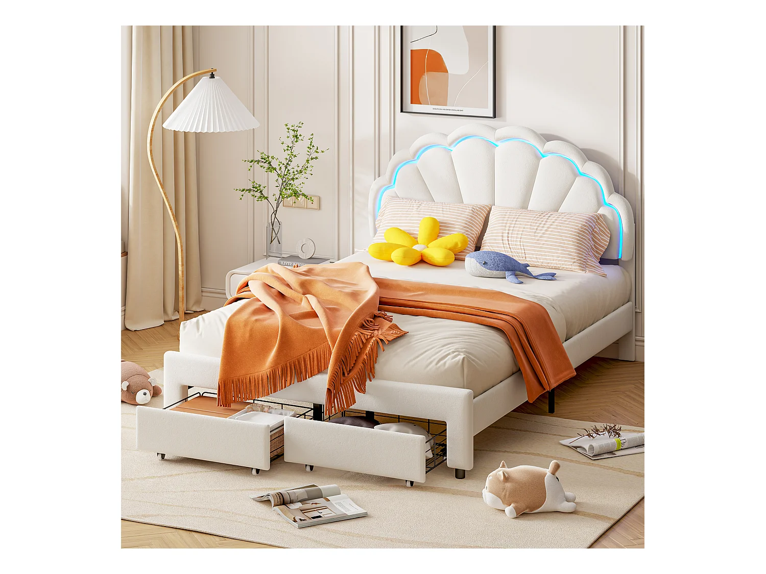 Letto imbottito per bambini 140 x 200 con illuminazione a LED e 2 cassetti, testiera a conchiglia a forma di fiore, rete a doghe