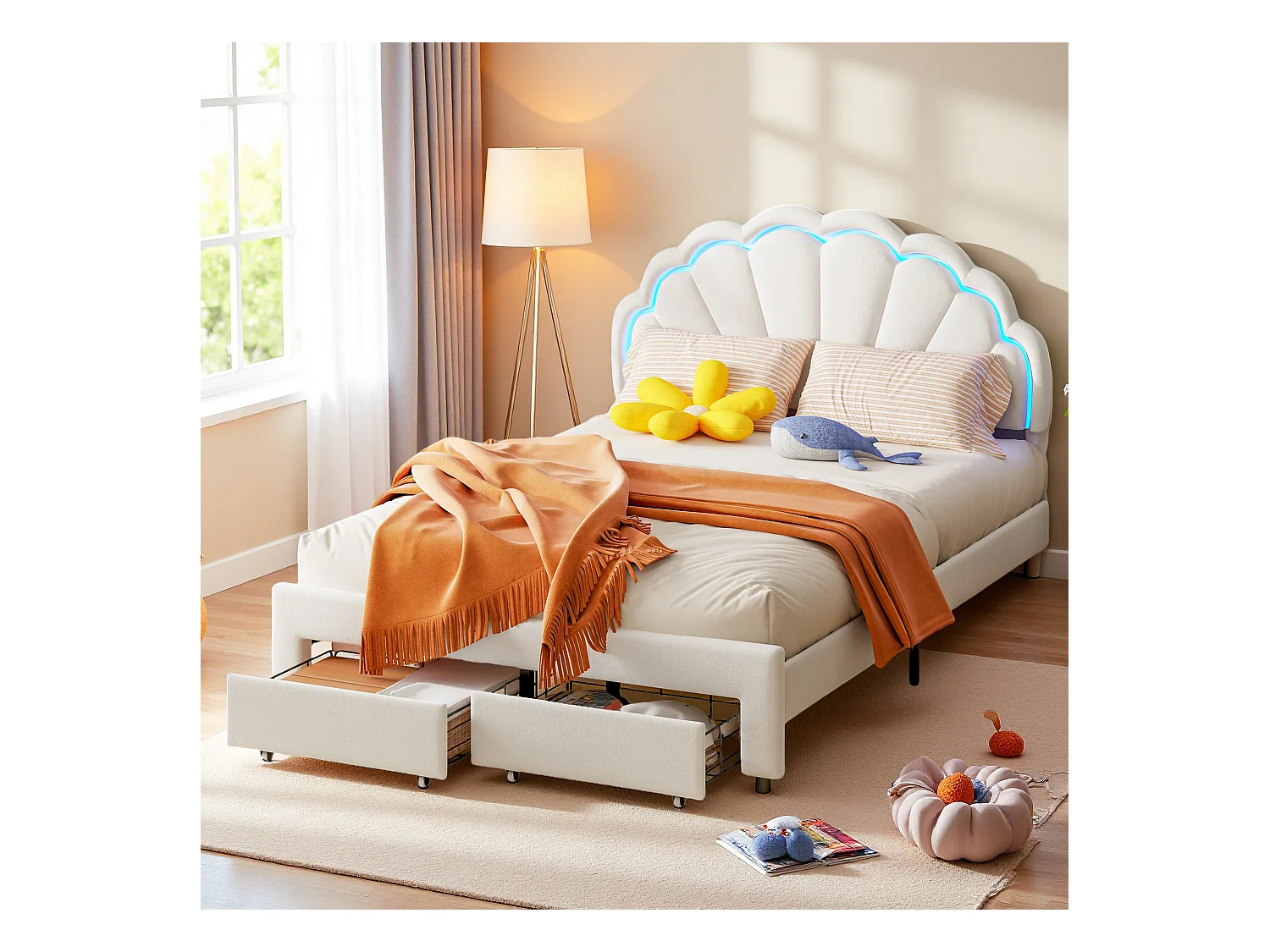 Letto imbottito per bambini 140 x 200 con illuminazione a LED e 2 cassetti, testiera a conchiglia a forma di fiore, rete a doghe