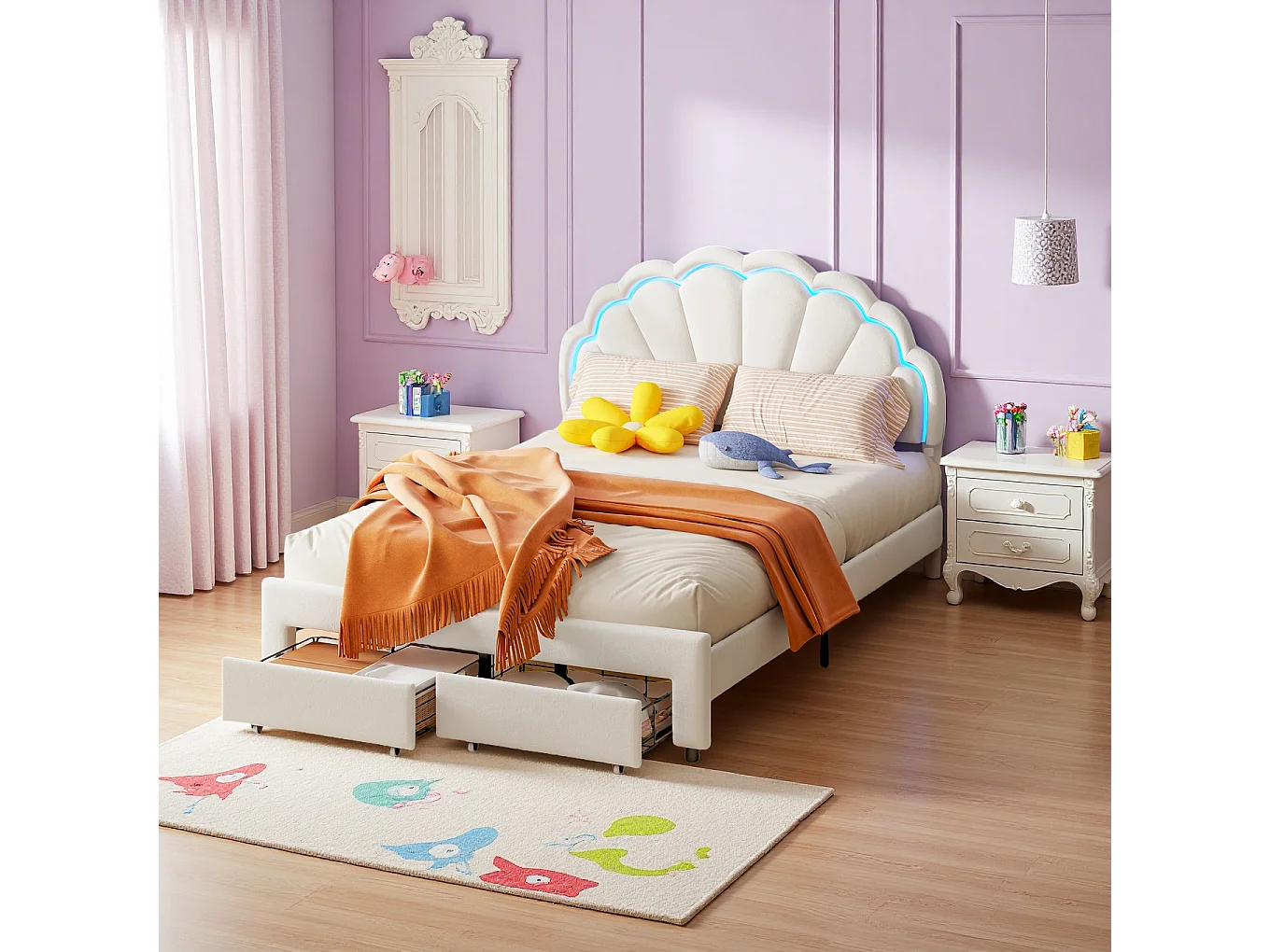 Lit pour Enfant rembourré 140 x 200 avec Éclairage LED et 2 tiroirs, tête de lit en Forme de Fleur en Forme de Coquillage, Sommier à Lattes