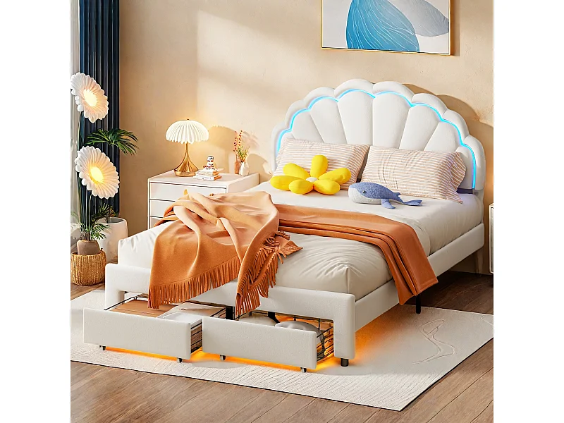 Cama infantil estofada 140 x 200 com iluminação LED e 2 gavetas, cabeceira em formato de concha e flor, base de ripas