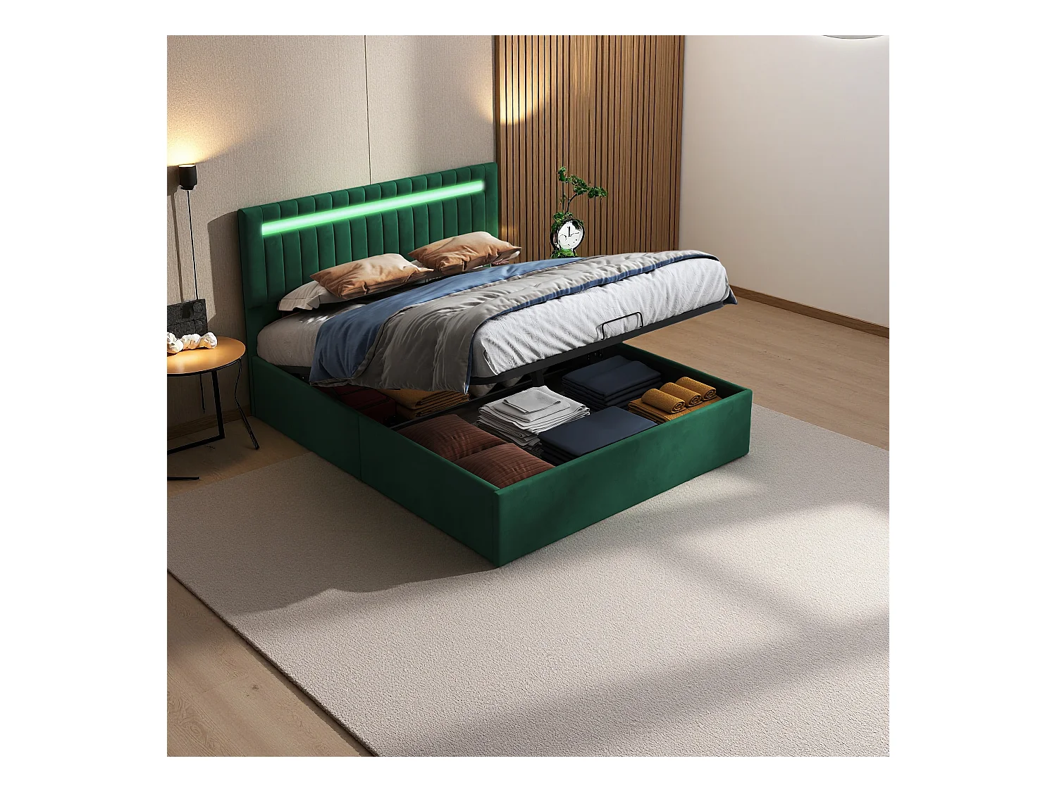 Letto 140x200cm con contenitore e illuminazione a LED, letto contenitore a gas, testiera regolabile, letto imbottito, verde