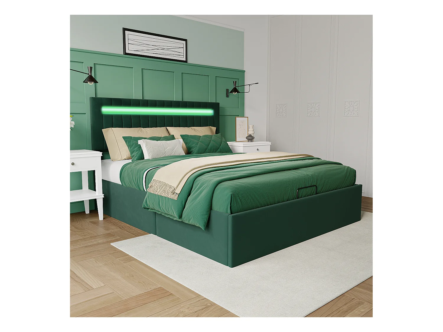 Letto 140x200cm con contenitore e illuminazione a LED, letto contenitore a gas, testiera regolabile, letto imbottito, verde