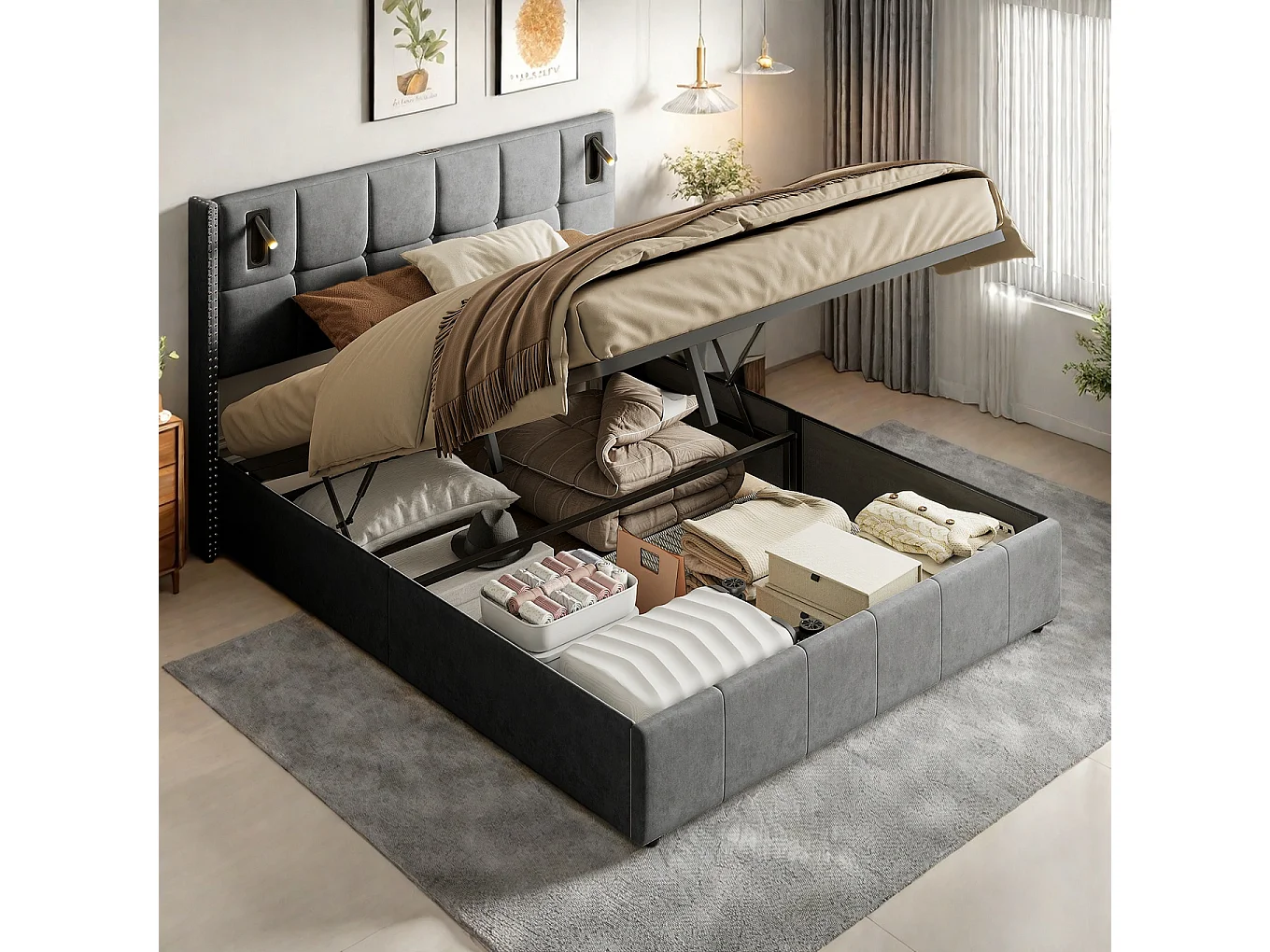 Lit double 140x200cm en tissu velours gris avec coffre de rangement hydraulique, tête de lit cloutée avec lampes de lecture intégrées