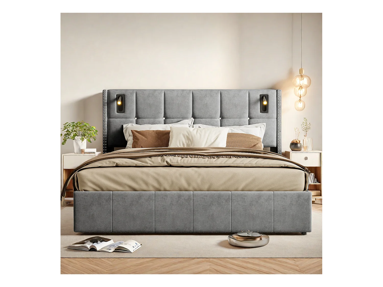 Lit double 140x200cm en tissu velours gris avec coffre de rangement hydraulique, tête de lit cloutée avec lampes de lecture intégrées