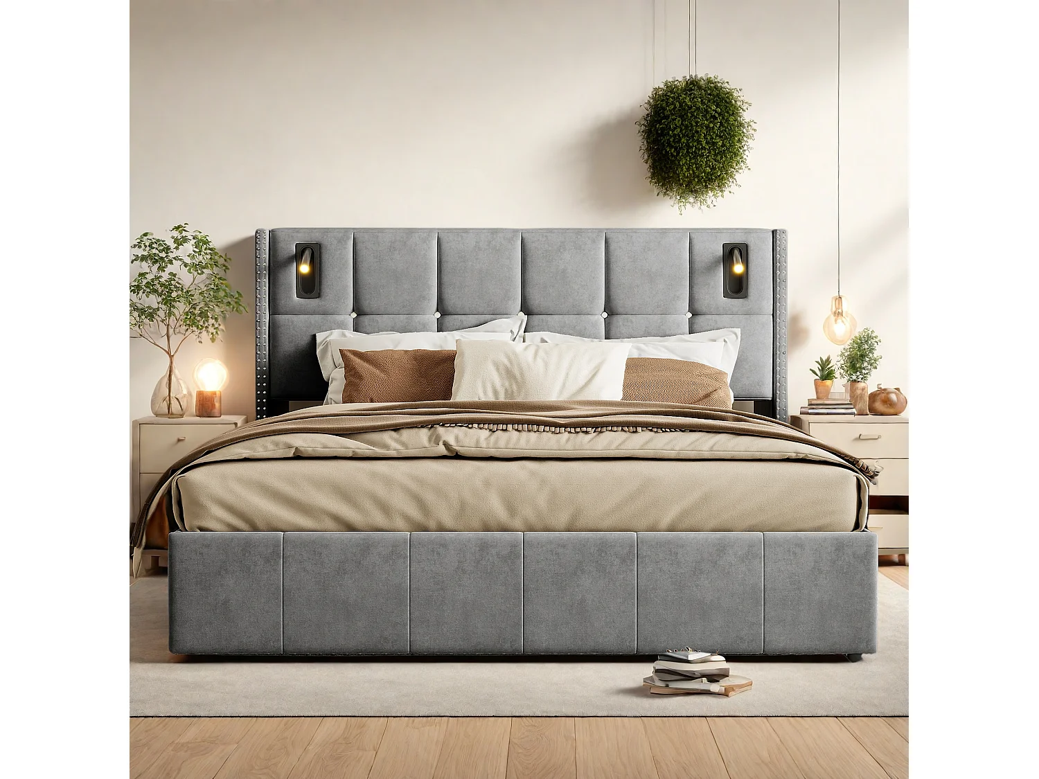 Lit double 140x200cm en tissu velours gris avec coffre de rangement hydraulique, tête de lit cloutée avec lampes de lecture intégrées