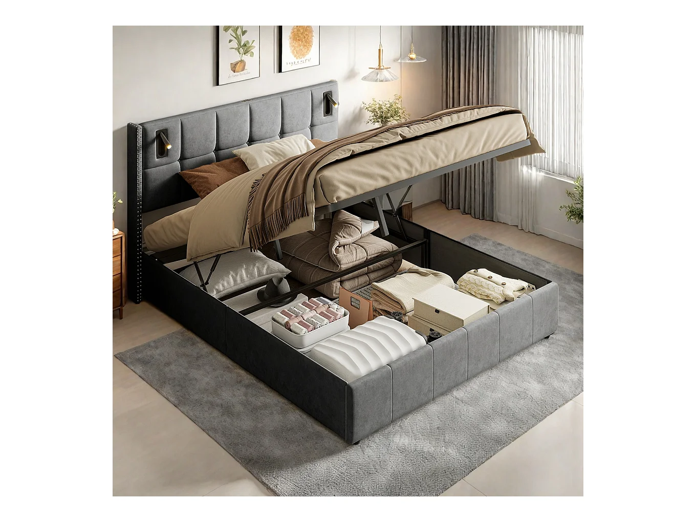 Lit double 140x200cm en tissu velours gris avec coffre de rangement hydraulique, tête de lit cloutée avec lampes de lecture intégrées