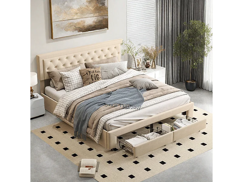 Lit rembourré en velours beige avec tête cloutée et rangement hydraulique, tiroirs au pied, King 180x200cm, chambre moderne et luxueuse