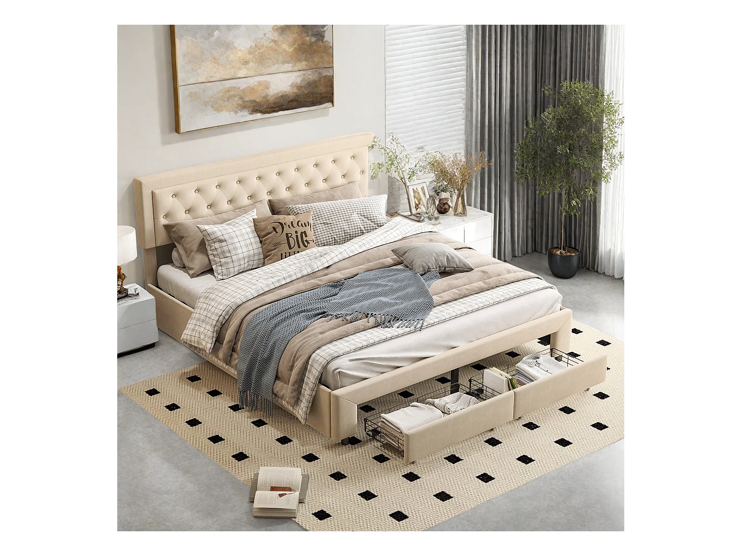 Lit rembourré en velours beige avec tête cloutée et rangement hydraulique, tiroirs au pied, King 180x200cm, chambre moderne et luxueuse