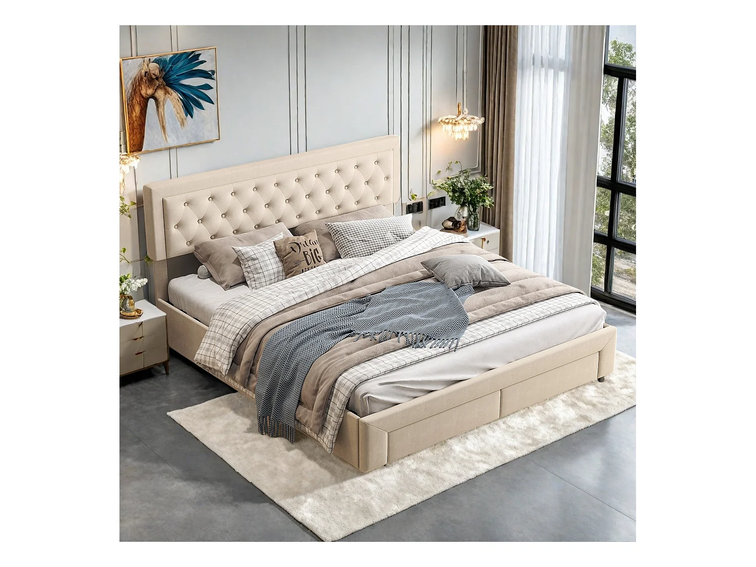 Lit rembourré en velours beige avec tête cloutée et rangement hydraulique, tiroirs au pied, King 180x200cm, chambre moderne et luxueuse