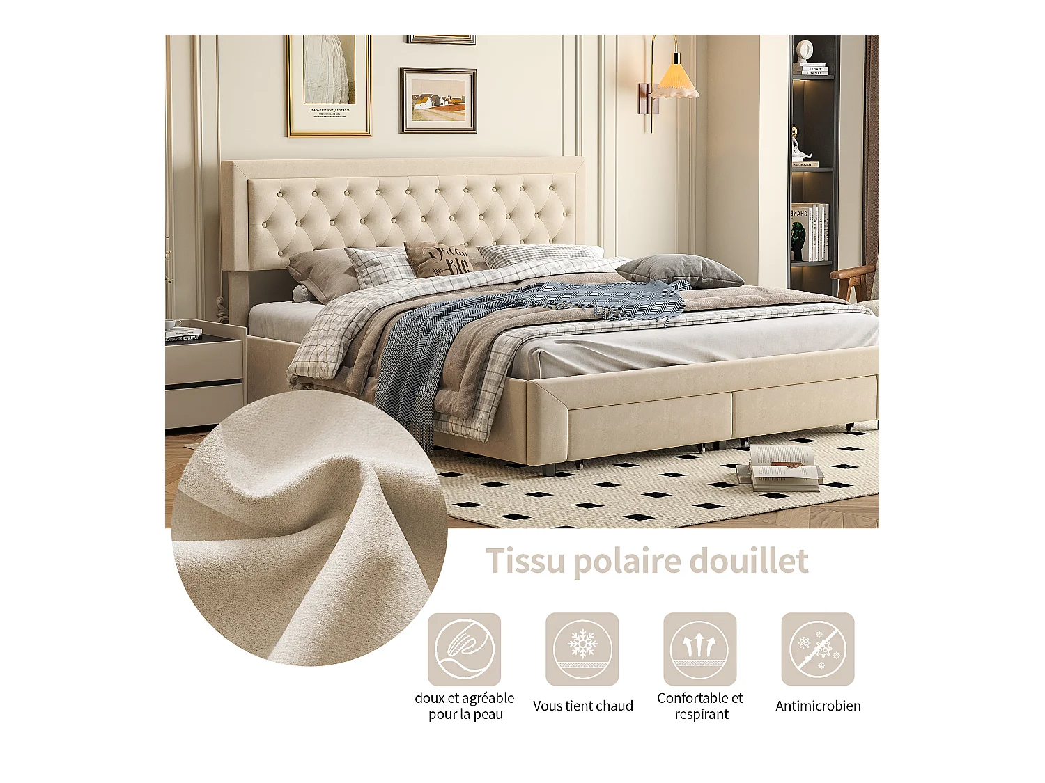 Lit rembourré en velours beige avec tête cloutée et rangement hydraulique, tiroirs au pied, King 180x200cm, chambre moderne et luxueuse