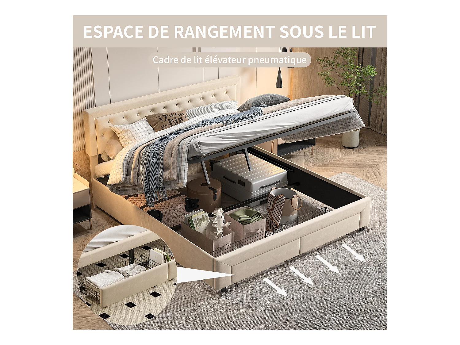 Lit rembourré en velours beige avec tête cloutée et rangement hydraulique, tiroirs au pied, King 180x200cm, chambre moderne et luxueuse