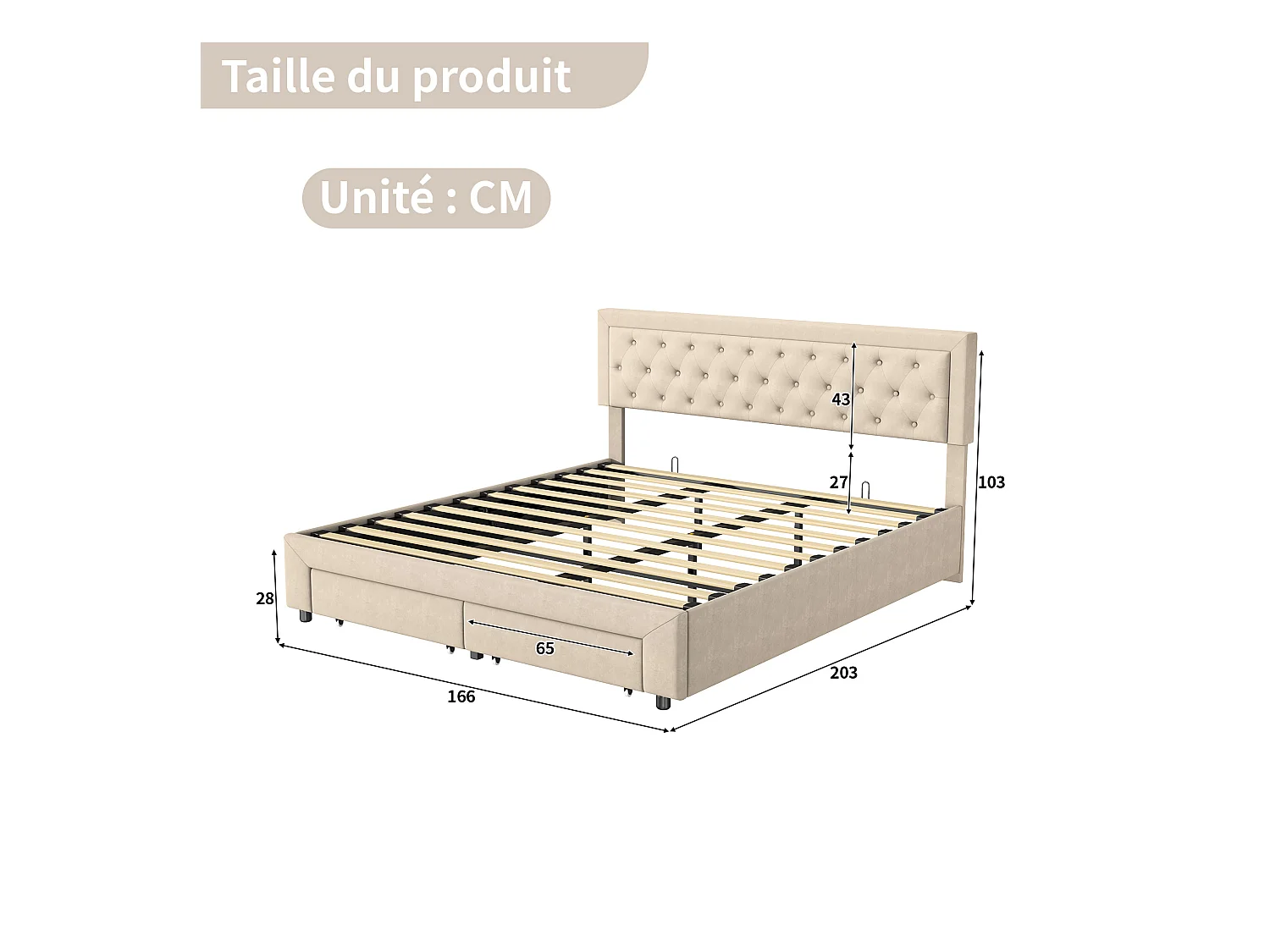 Lit rembourré en velours beige avec tête cloutée et rangement hydraulique, tiroirs au pied, King 180x200cm, chambre moderne et luxueuse