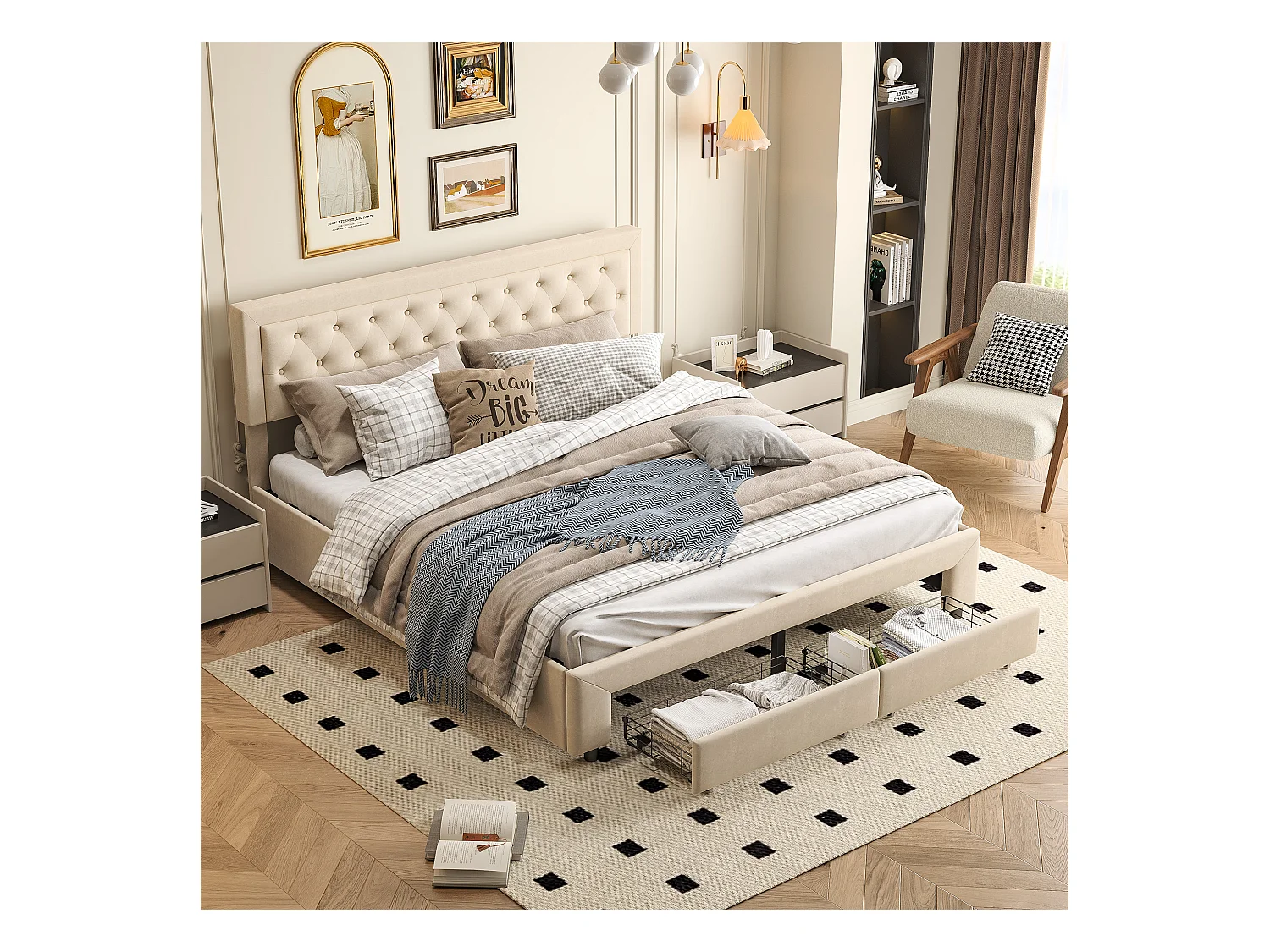 Lit rembourré en velours beige avec tête cloutée et rangement hydraulique, tiroirs au pied, King 180x200cm, chambre moderne et luxueuse